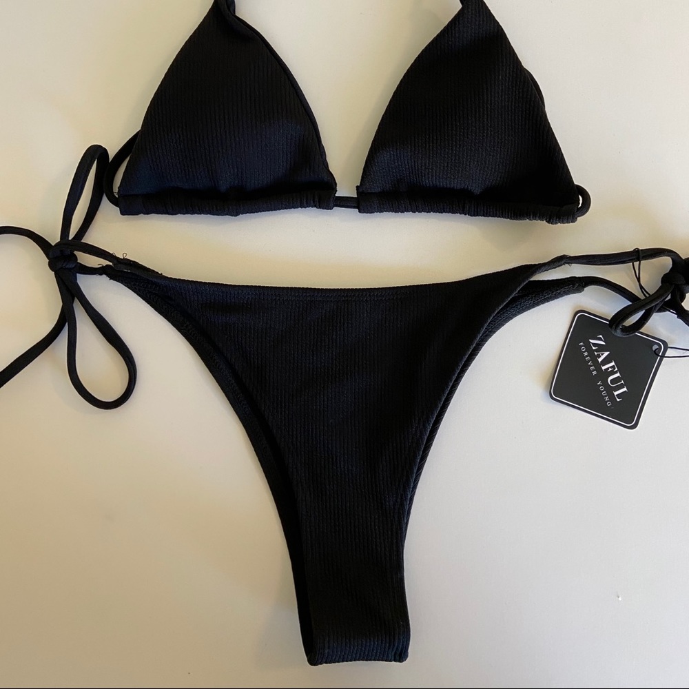 Black Ribbed String Bikini - Picture 3 of 4
